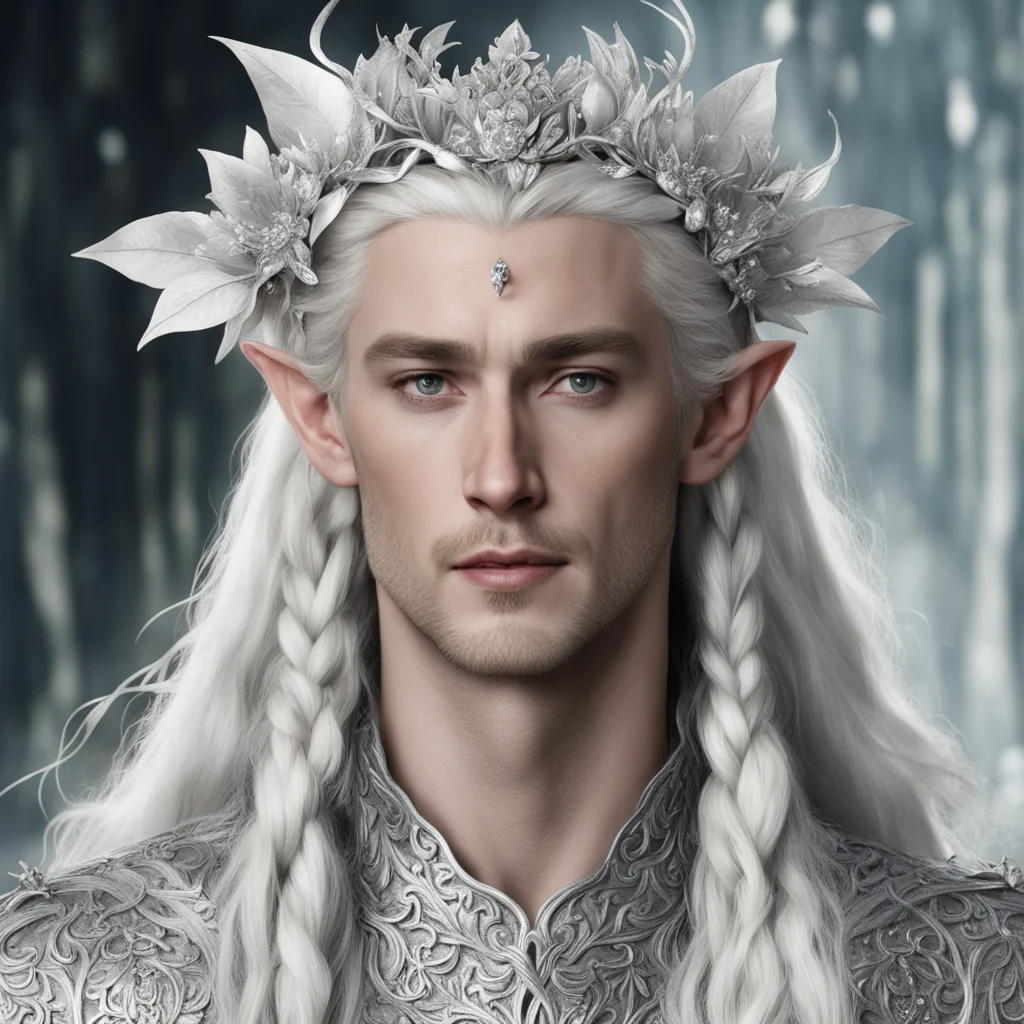 king thranduil with blond hair and braids wearing silver vines with large silver flowers encrusted with diamonds to form a silver elvish circlet with large center diamond confident engaging wow arts