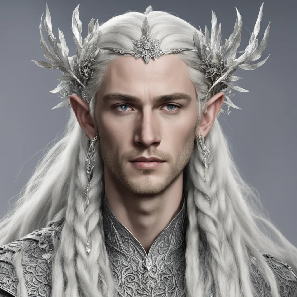 king thranduil with blond hair and braids wearing silver vines with large silver flowers encrusted with diamonds to form a silver elvish circlet with large center diamond