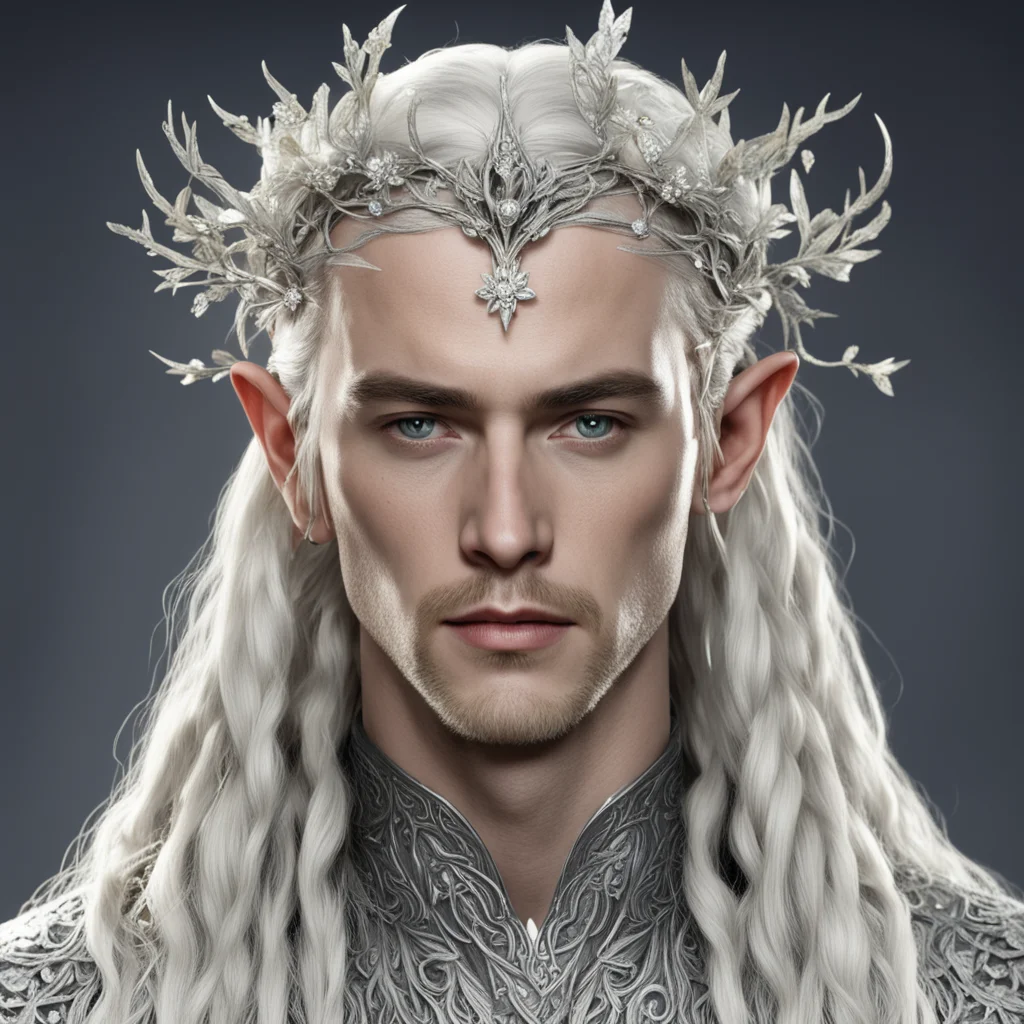 aiking thranduil with blond hair and braids wearing silver vines with silver flowers encrusted with diamonds to form a silver elvish circlet with large center diamond amazing awesome portrait 2