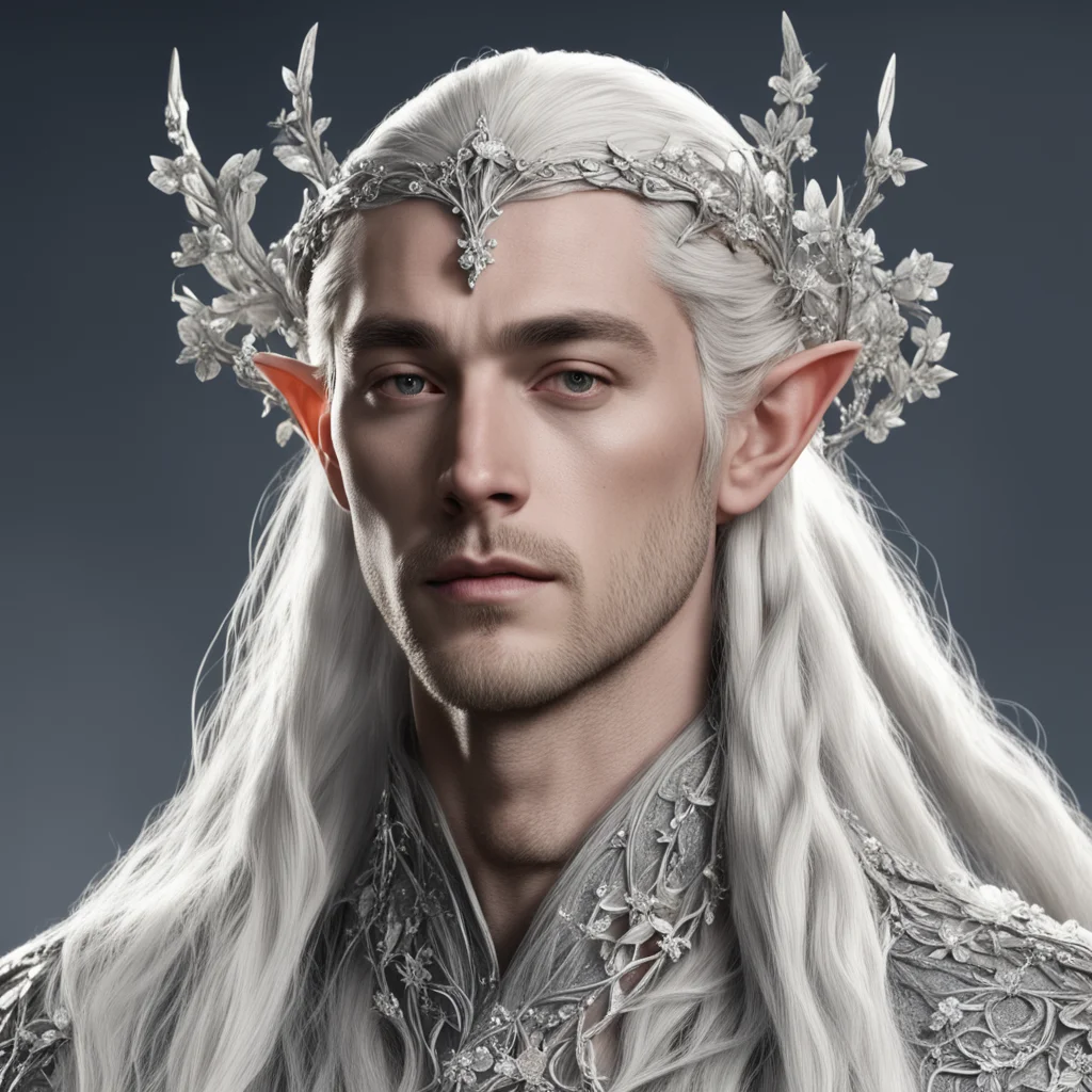 king thranduil with blond hair and braids wearing silver vines with silver flowers encrusted with diamonds to form a silver elvish circlet with large center diamond confident engaging wow artstation