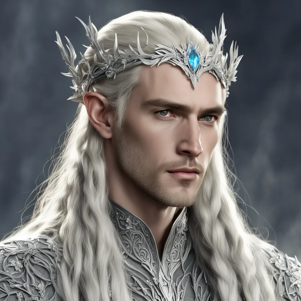 king thranduil with blond hair and braids wearing silver vines with silver flowers encrusted with diamonds to form a silver elvish circlet with large center diamond