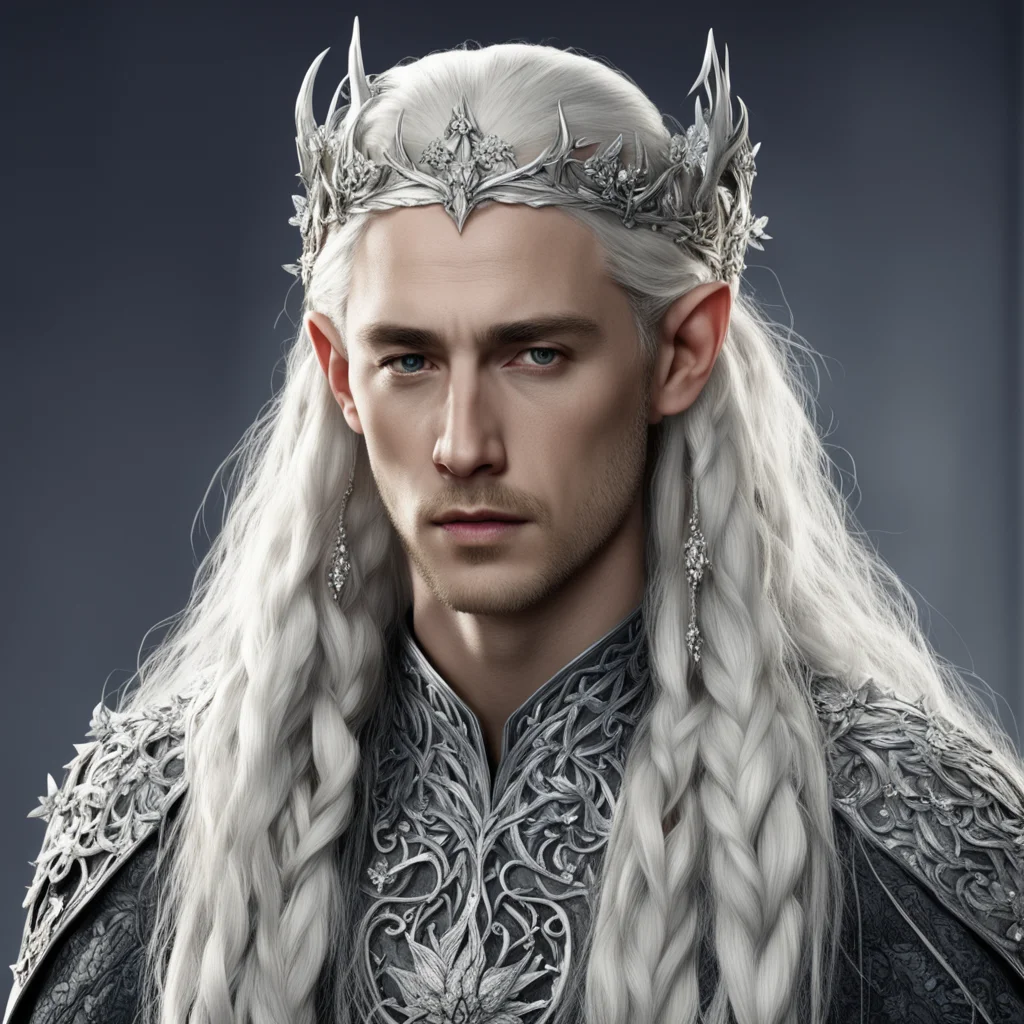king thranduil with blond hair and braids wearing silver vines with silver flowers encrusted with diamonds with large center flower with large diamond to form a silver elvish circlet confident engag