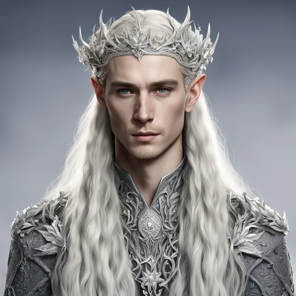 king thranduil with blond hair and braids wearing silver vines with silver flowers encrusted with diamonds with large center silver flower with large diamond to form a silver elvish circlet confiden