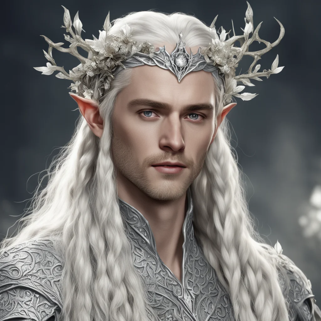 aiking thranduil with blond hair and braids wearing silver vines with silver flowers encrusted with diamonds with large center silver flower with large diamond to form a silver elvish circlet