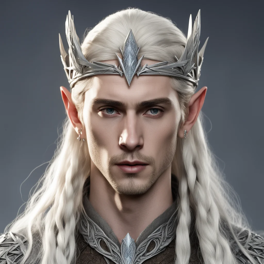 aiking thranduil with blond hair and braids wearing silver wood elf circlet with large center diamond confident engaging wow artstation art 3