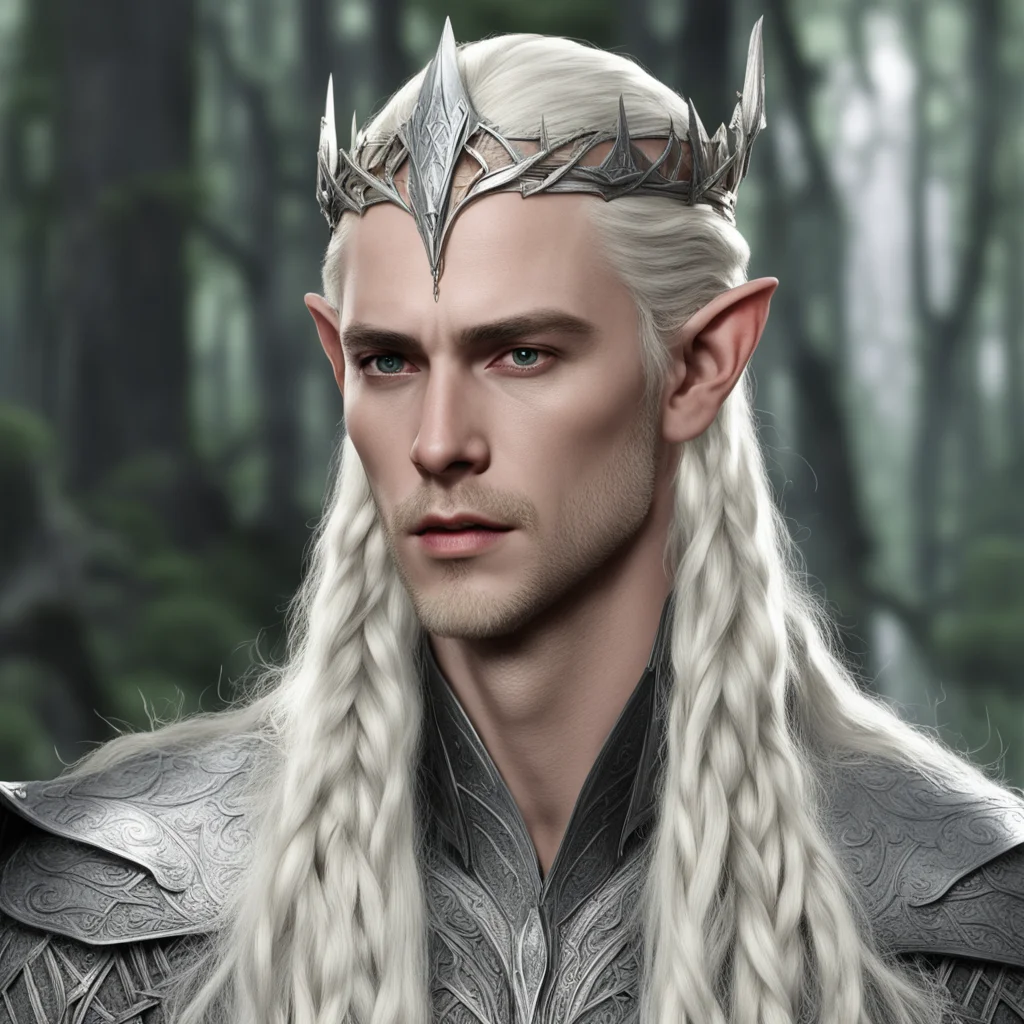 king thranduil with blond hair and braids wearing silver wood elf circlet with large center diamond