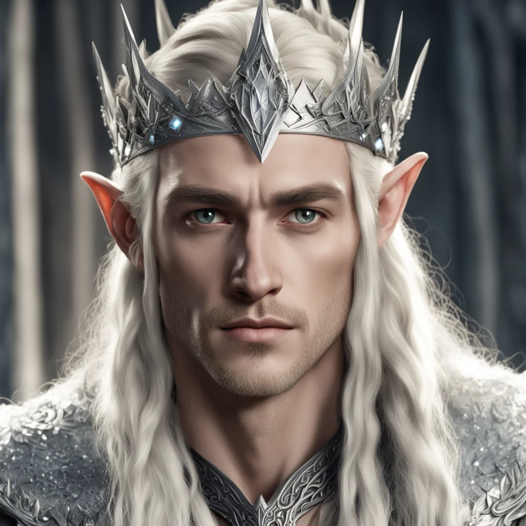 king thranduil with blond hair and braids wearing silver wood elf crown with large diamonds amazing awesome portrait 2