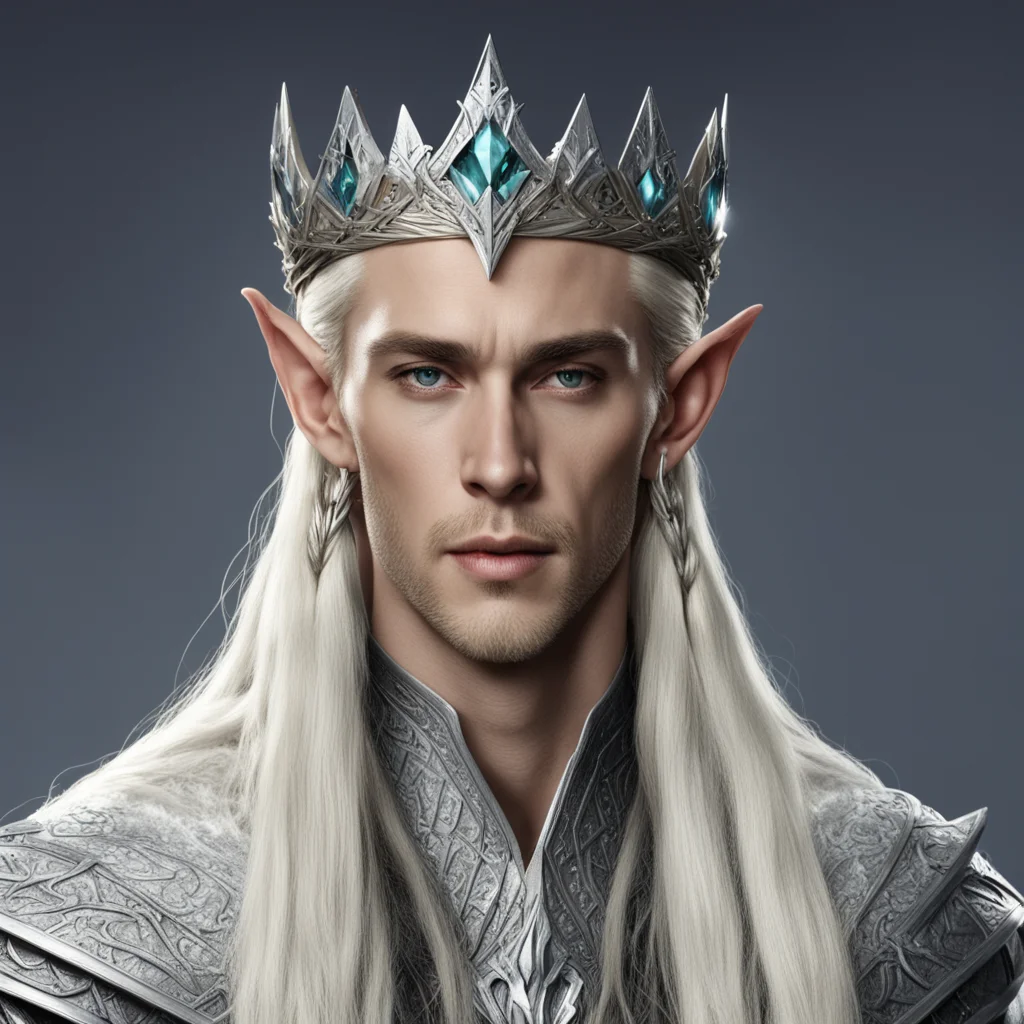 aiking thranduil with blond hair and braids wearing silver wood elf crown with large diamonds confident engaging wow artstation art 3