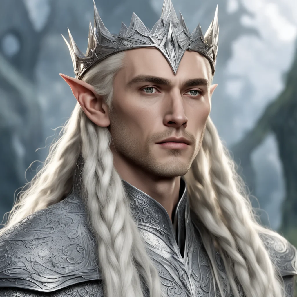 aiking thranduil with blond hair and braids wearing silver wood elf crown with large diamonds