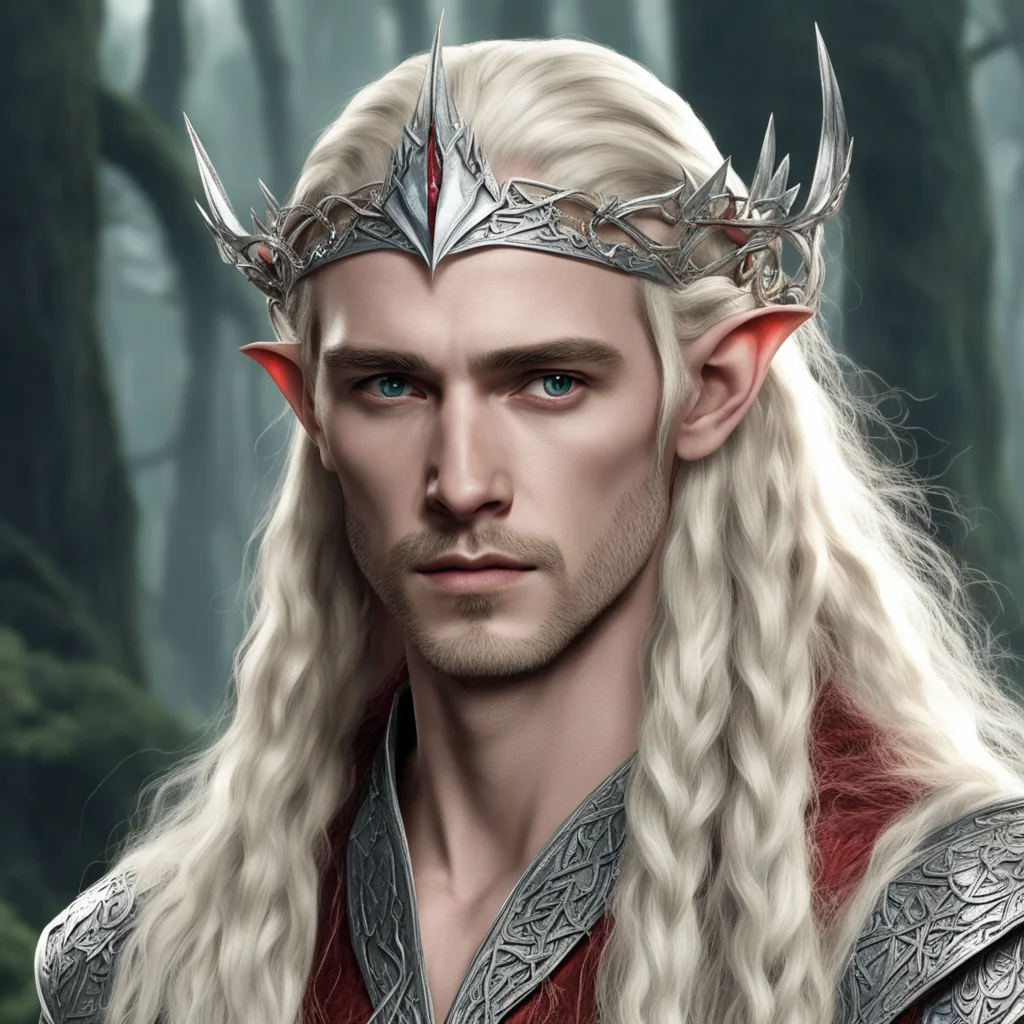 aiking thranduil with blond hair and braids wearing silver wood elven circlet studded with diamonds with large center reddish diamond  amazing awesome portrait 2