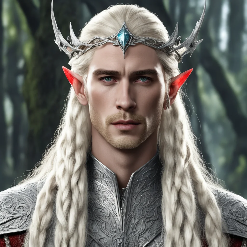 aiking thranduil with blond hair and braids wearing silver wood elven circlet studded with diamonds with large center reddish diamond  good looking trending fantastic 1