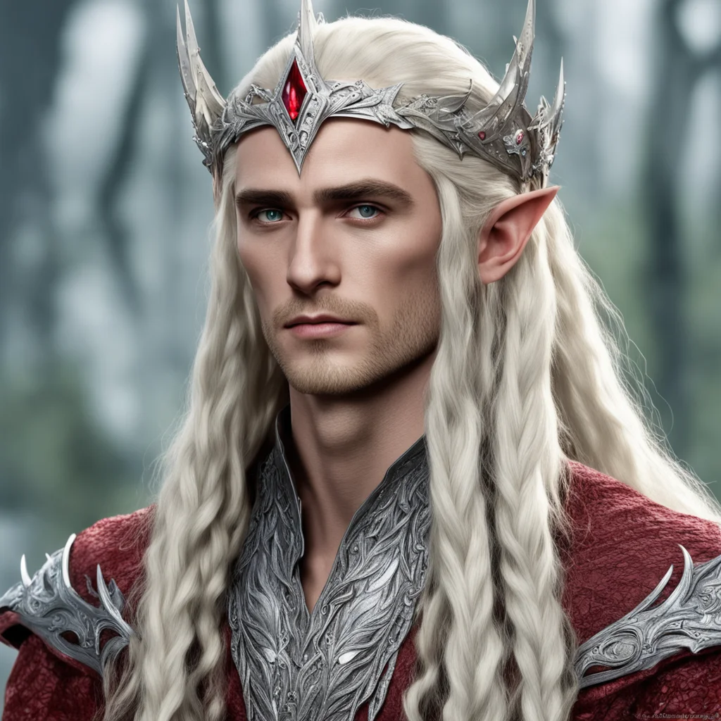 aiking thranduil with blond hair and braids wearing silver wood elven circlet studded with diamonds with large center reddish diamond 