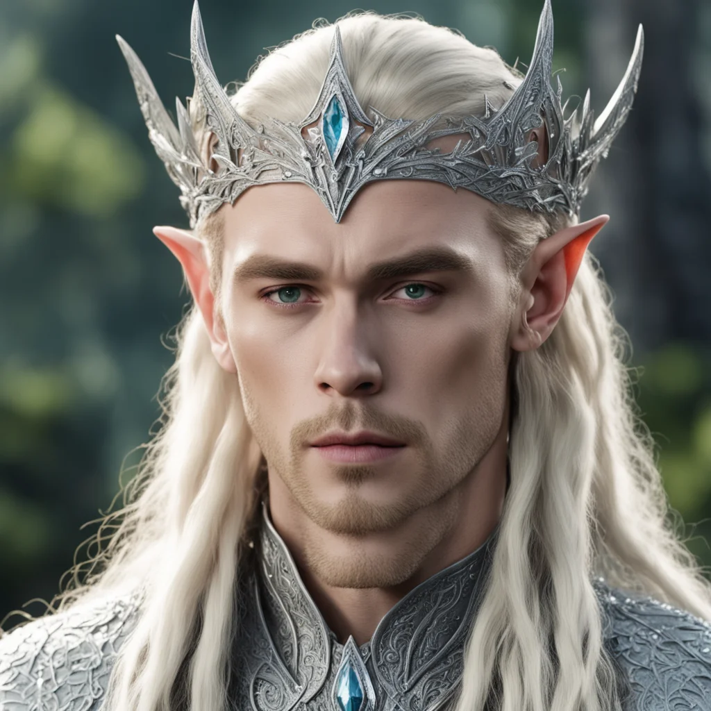 king thranduil with blond hair and braids wearing silver wood elvish circlet encrusted with diamonds with larger center reddish diamond amazing awesome portrait 2