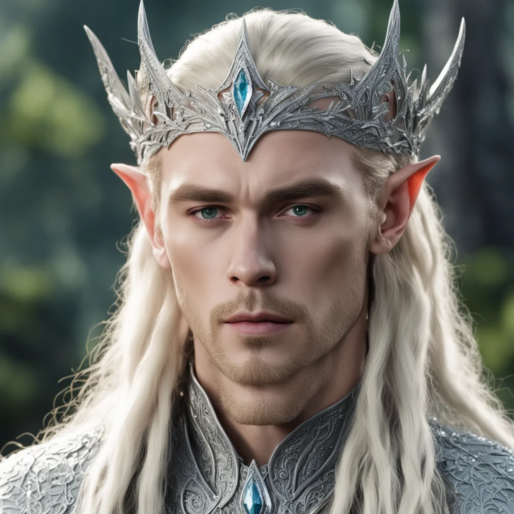 aiking thranduil with blond hair and braids wearing silver wood elvish circlet encrusted with diamonds with larger center reddish diamond amazing awesome portrait 2