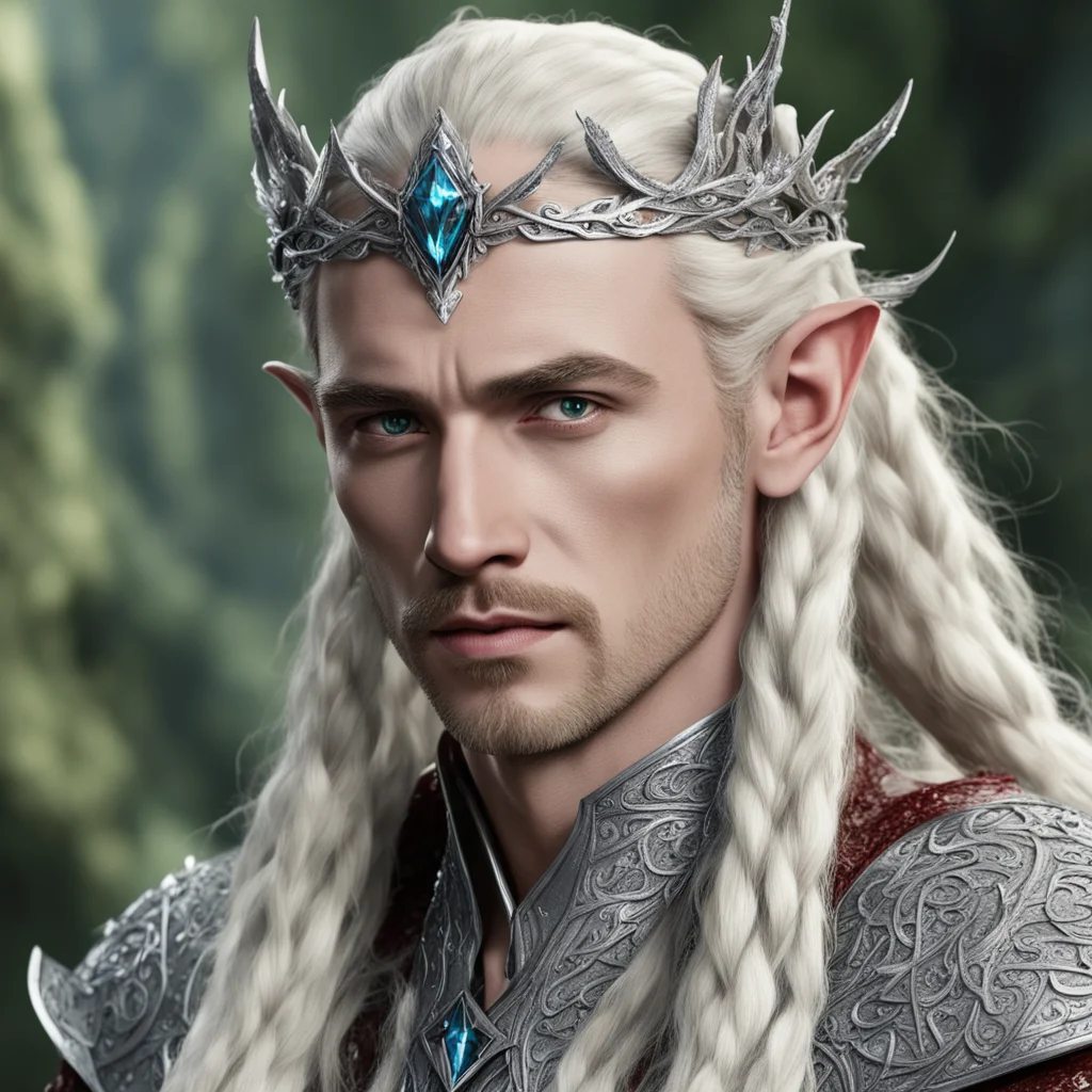 aiking thranduil with blond hair and braids wearing silver wood elvish circlet encrusted with diamonds with larger center reddish diamond confident engaging wow artstation art 3