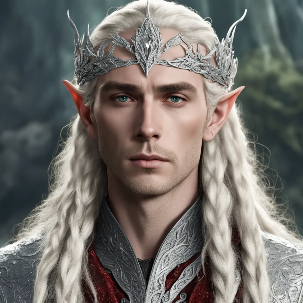king thranduil with blond hair and braids wearing silver wood elvish circlet encrusted with diamonds with larger center reddish diamond good looking trending fantastic 1