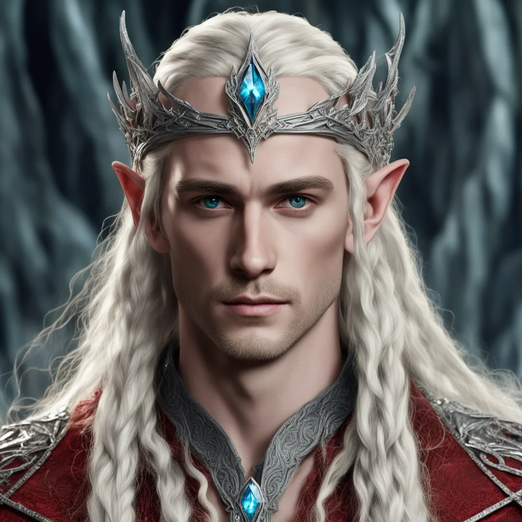 aiking thranduil with blond hair and braids wearing silver wood elvish circlet encrusted with diamonds with larger center reddish diamond