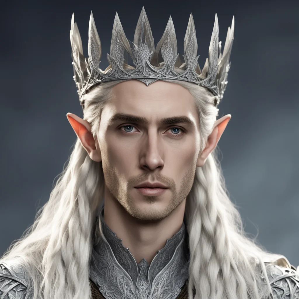 aiking thranduil with blond hair and braids wearing silver wood elvish crown with diamonds confident engaging wow artstation art 3