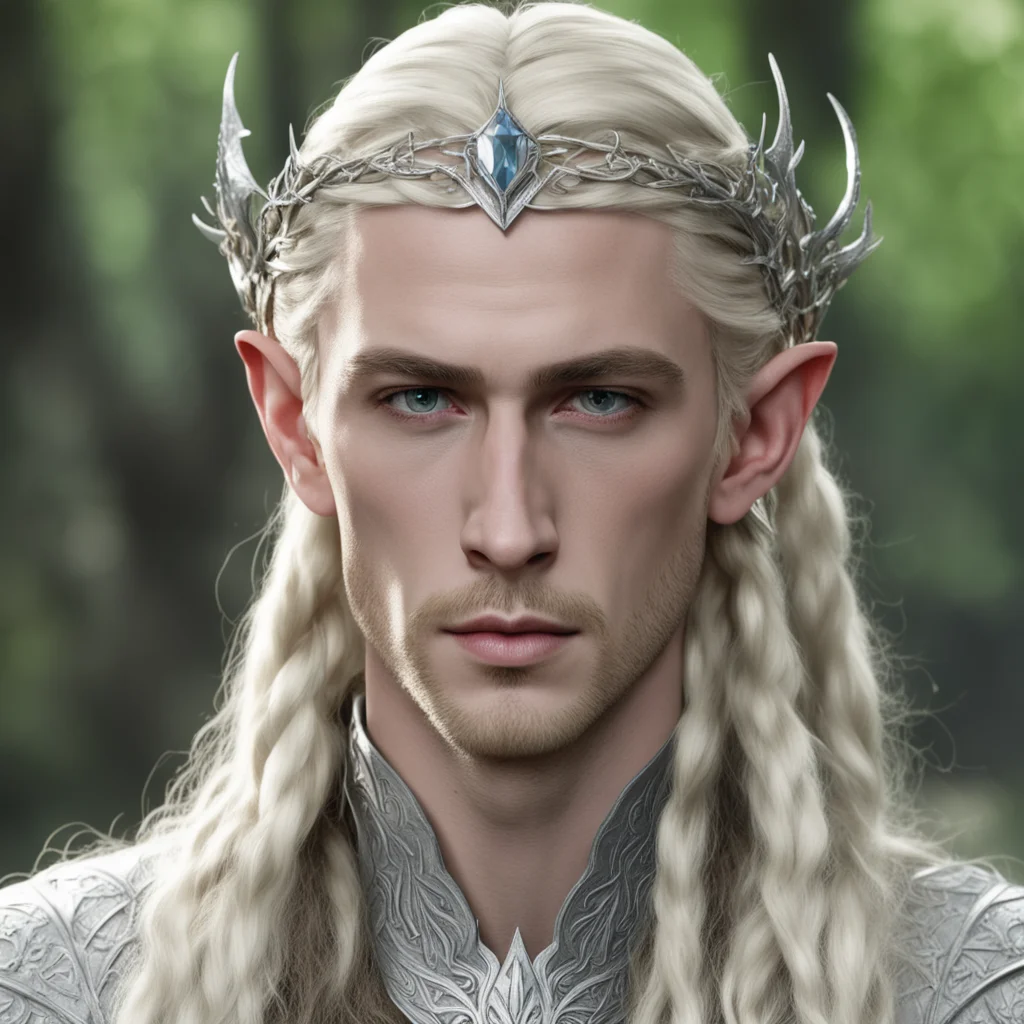 aiking thranduil with blond hair and braids wearing silver woodland elvish circlet with large center diamond  good looking trending fantastic 1