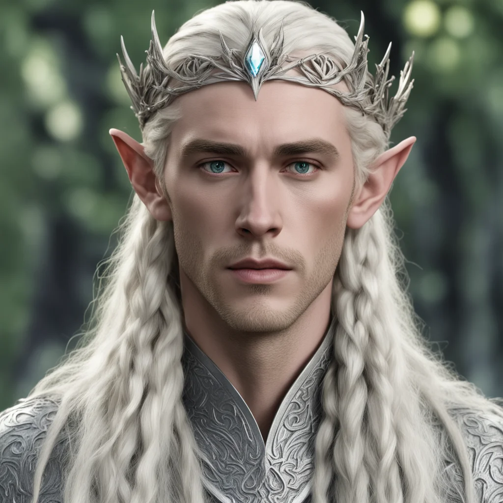 aiking thranduil with blond hair and braids wearing silver woodland elvish circlet with large center diamond confident engaging wow artstation art 3