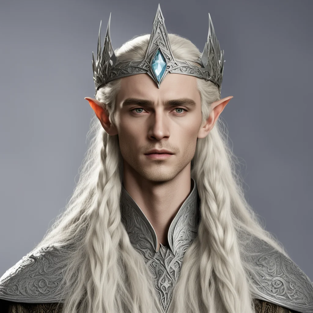 aiking thranduil with blond hair and braids wearing silver woodland elvish circlet with large center diamond good looking trending fantastic 1