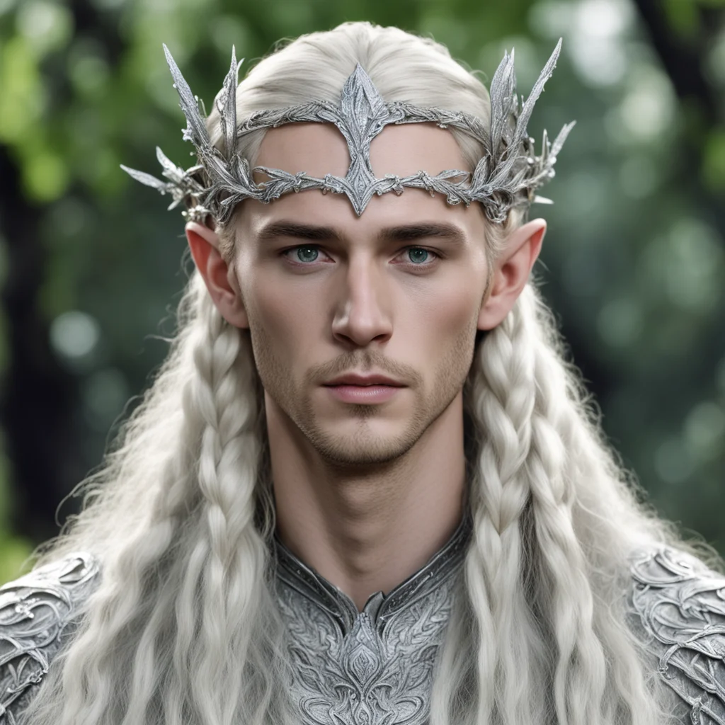 aiking thranduil with blond hair and braids wearing silver woodland elvish circlet with silver leaves encrusted with diamonds with large center diamond  amazing awesome portrait 2