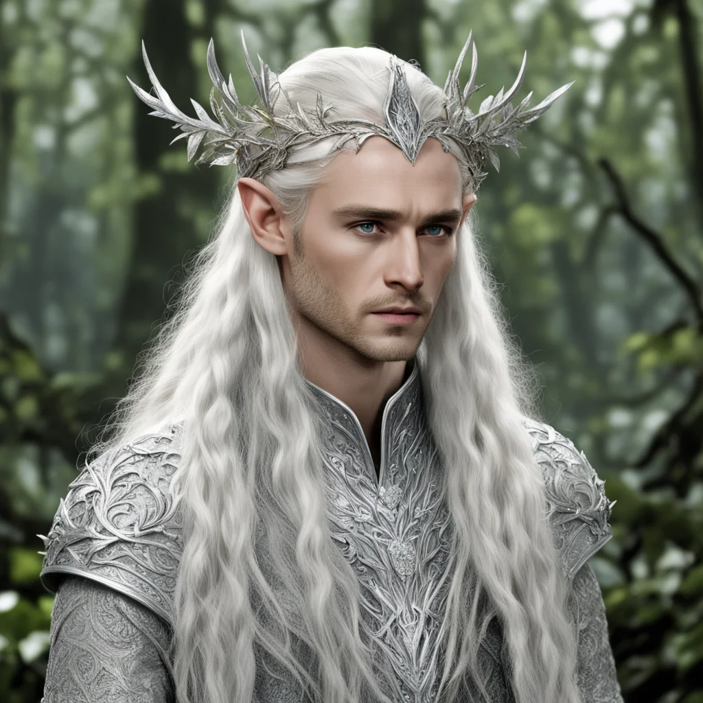 aiking thranduil with blond hair and braids wearing silver woodland elvish circlet with silver leaves encrusted with diamonds with large center diamond  good looking trending fantastic 1