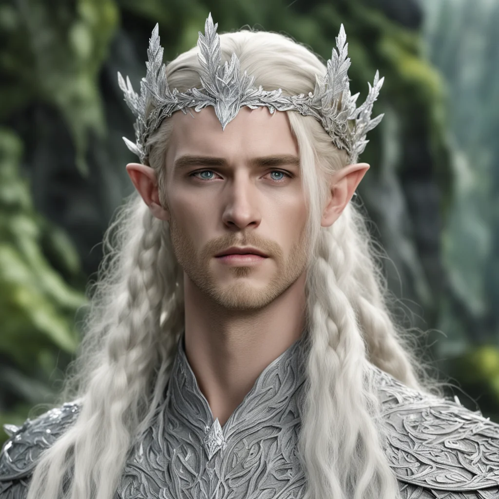 aiking thranduil with blond hair and braids wearing silver woodland elvish circlet with silver leaves encrusted with diamonds with large center diamond 