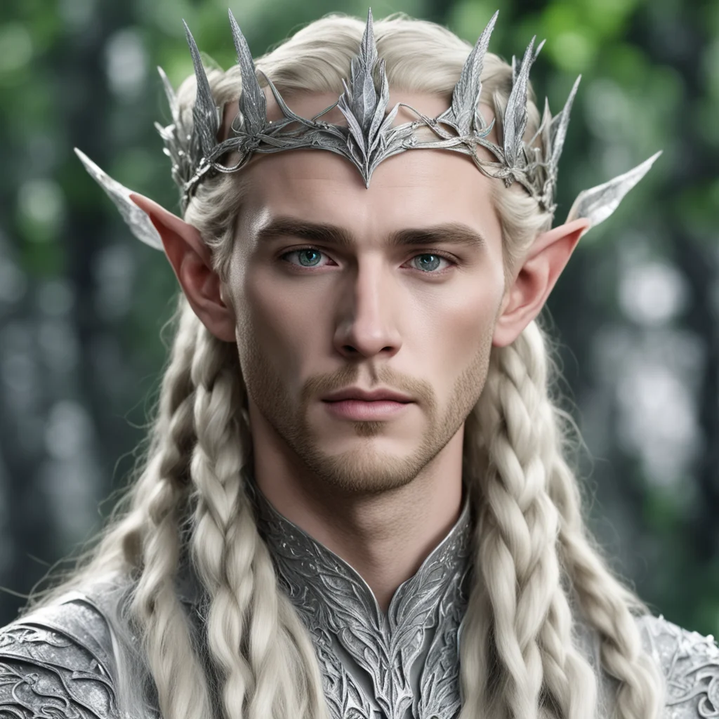 aiking thranduil with blond hair and braids wearing silver woodland elvish circlet with silver leaves encrusted with diamonds with large center diamond amazing awesome portrait 2