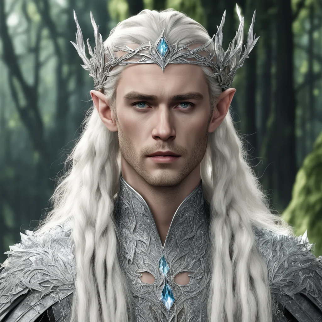 aiking thranduil with blond hair and braids wearing silver woodland elvish circlet with silver leaves encrusted with diamonds with large center diamond confident engaging wow artstation art 3