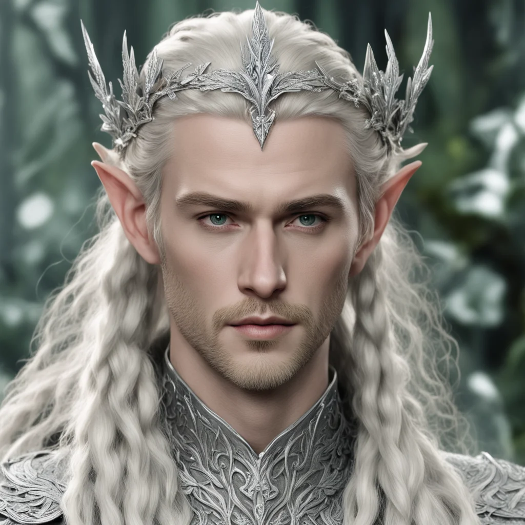 king thranduil with blond hair and braids wearing silver woodland elvish circlet with silver leaves encrusted with diamonds with large center diamond good looking trending fantastic 1