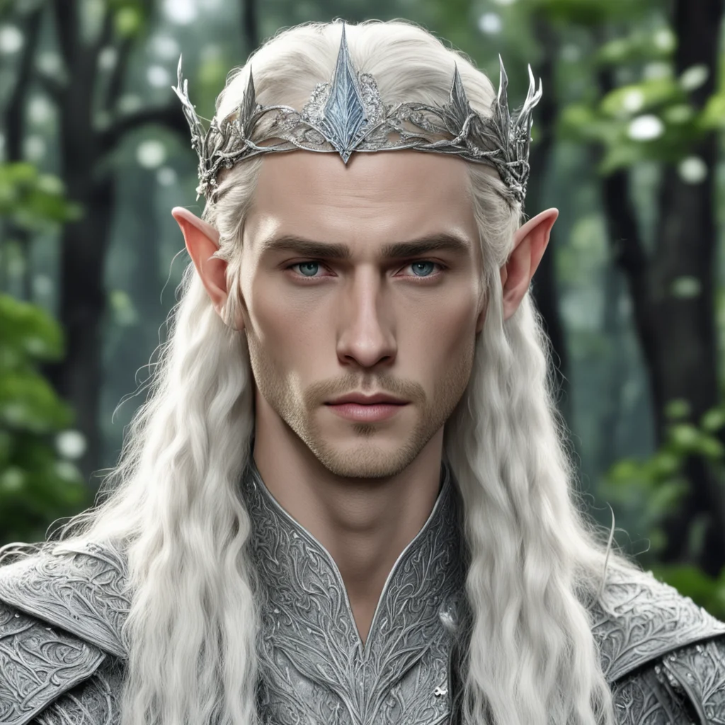 king thranduil with blond hair and braids wearing silver woodland elvish circlet with silver leaves encrusted with diamonds with large center diamond