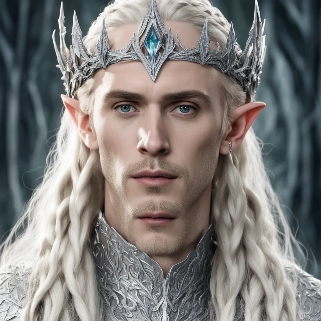 aiking thranduil with blond hair and braids wearing silver woodland elvish crown encrusted with diamonds and large center diamond amazing awesome portrait 2