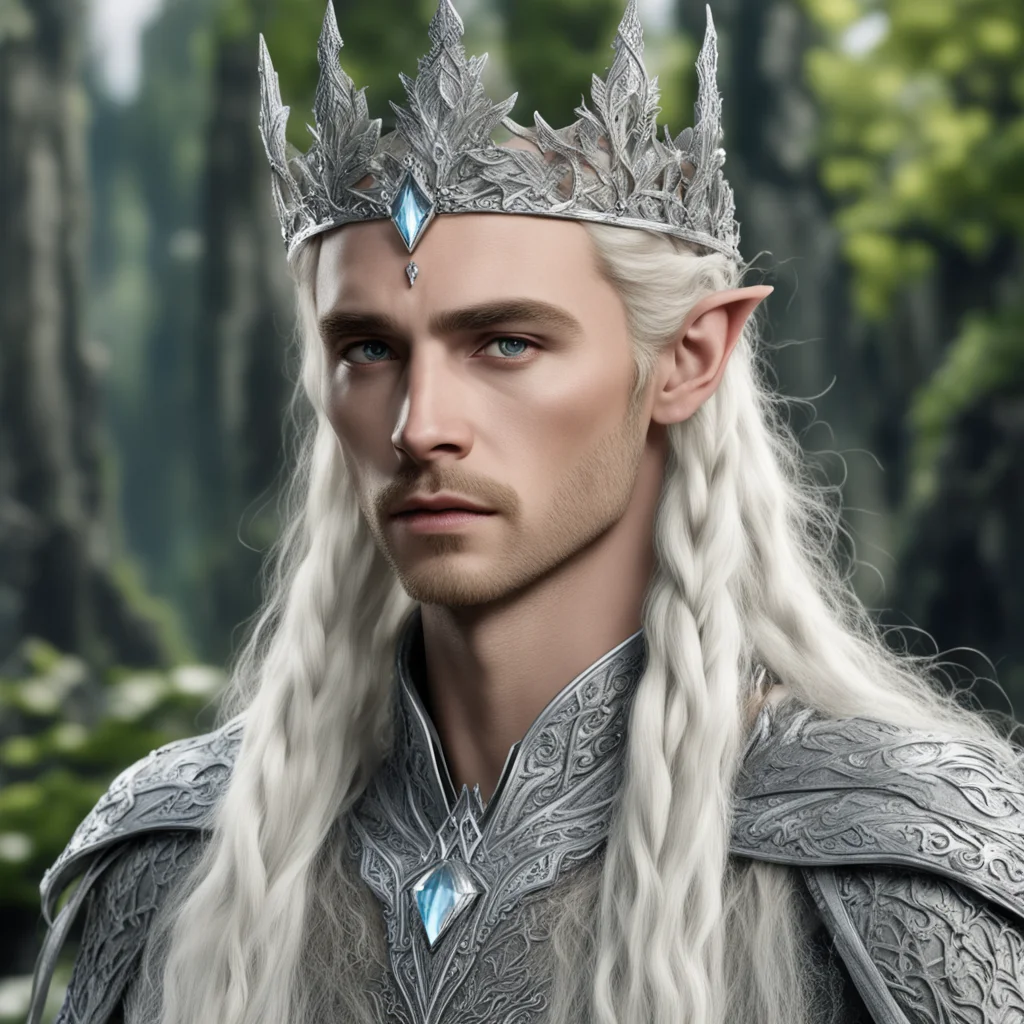 king thranduil with blond hair and braids wearing silver woodland elvish crown encrusted with diamonds and large center diamond confident engaging wow artstation art 3