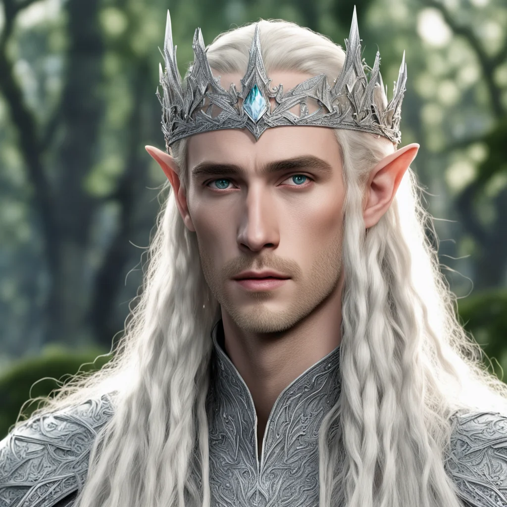 aiking thranduil with blond hair and braids wearing silver woodland elvish crown encrusted with diamonds and large center diamond good looking trending fantastic 1