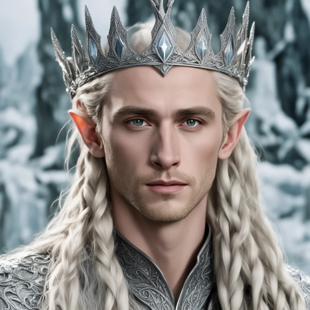 aiking thranduil with blond hair and braids wearing silver woodland elvish crown encrusted with diamonds and large center diamond