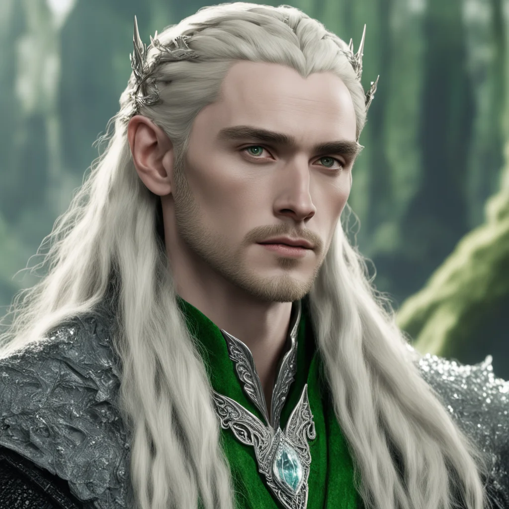 aiking thranduil with blond hair and braids wearing silver woodland hair forks encrusted with diamonds connected to a center large greenish diamond amazing awesome portrait 2