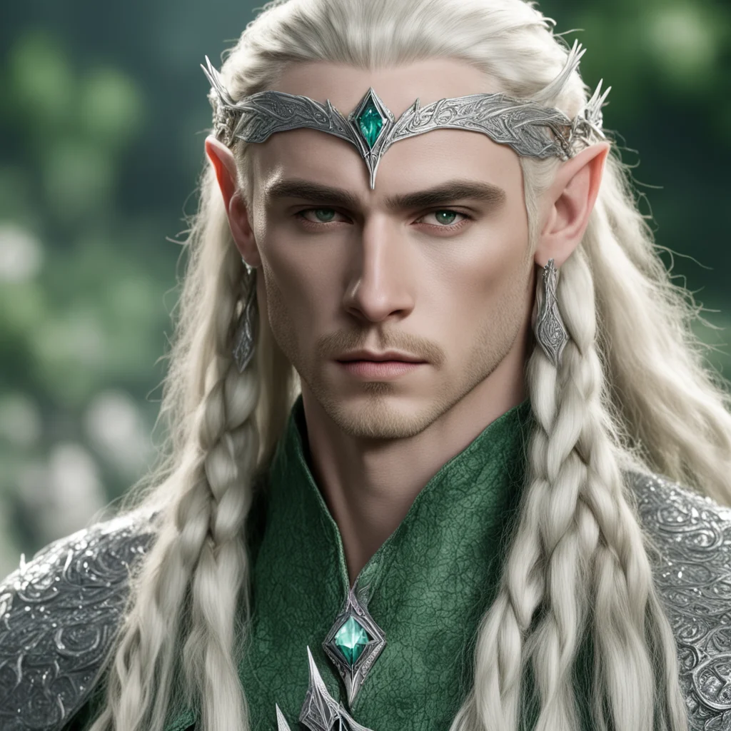 aiking thranduil with blond hair and braids wearing silver woodland hair forks encrusted with diamonds connected to a center large greenish diamond confident engaging wow artstation art 3
