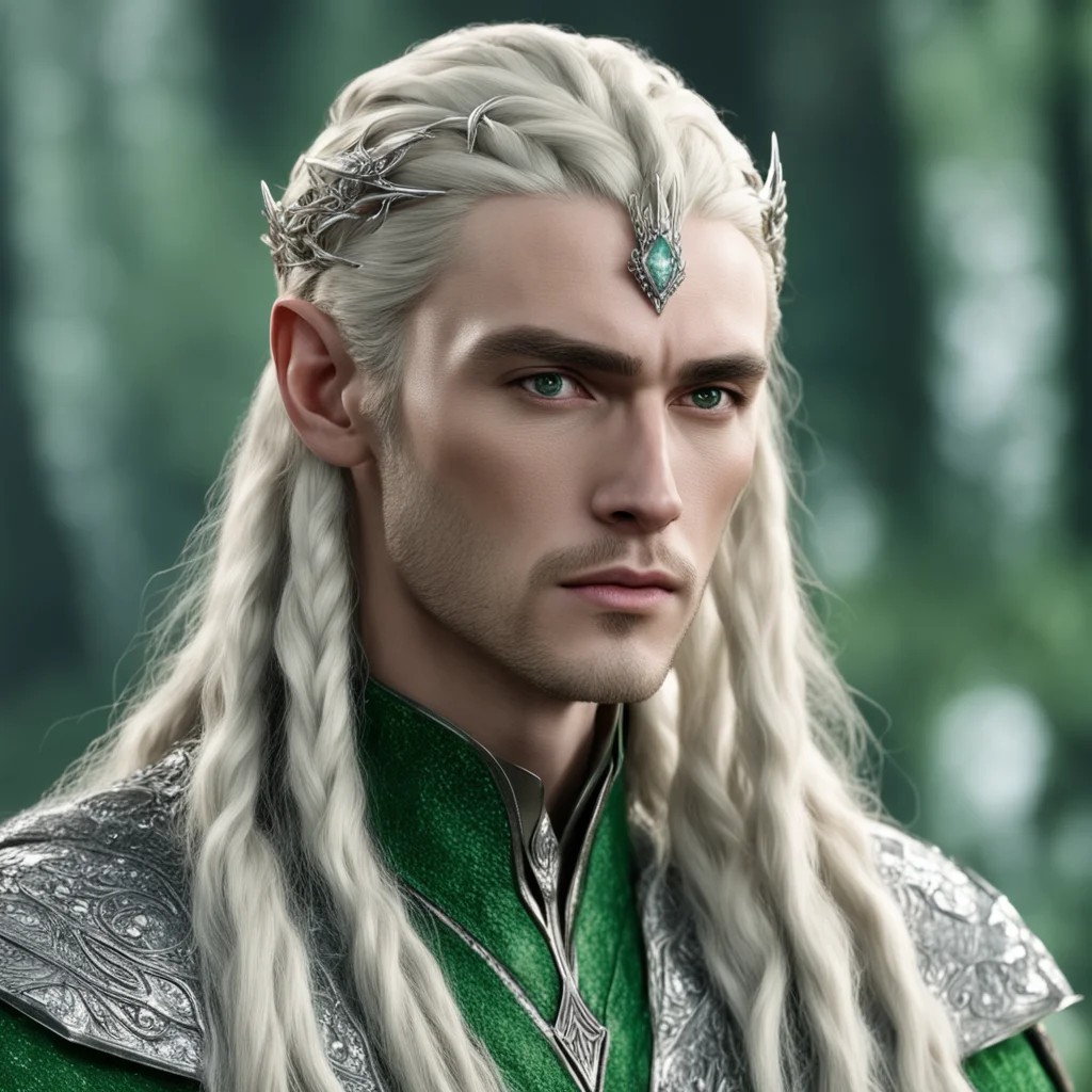 aiking thranduil with blond hair and braids wearing silver woodland hair forks encrusted with diamonds connected to a center large greenish diamond good looking trending fantastic 1