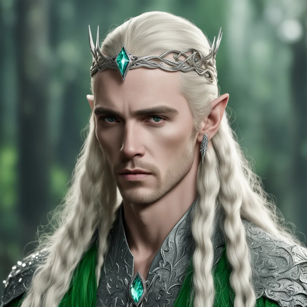 aiking thranduil with blond hair and braids wearing silver woodland hair forks encrusted with diamonds connected to a center large greenish diamond