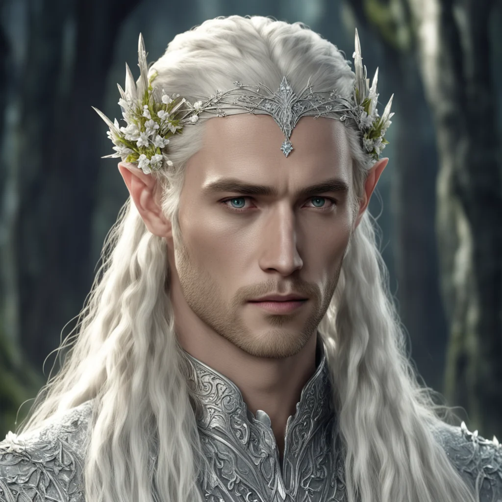 aiking thranduil with blond hair and braids wearing small flowers of silver that are heavily encrusted with diamonds connected to form silver elvish circlet with large central diamond