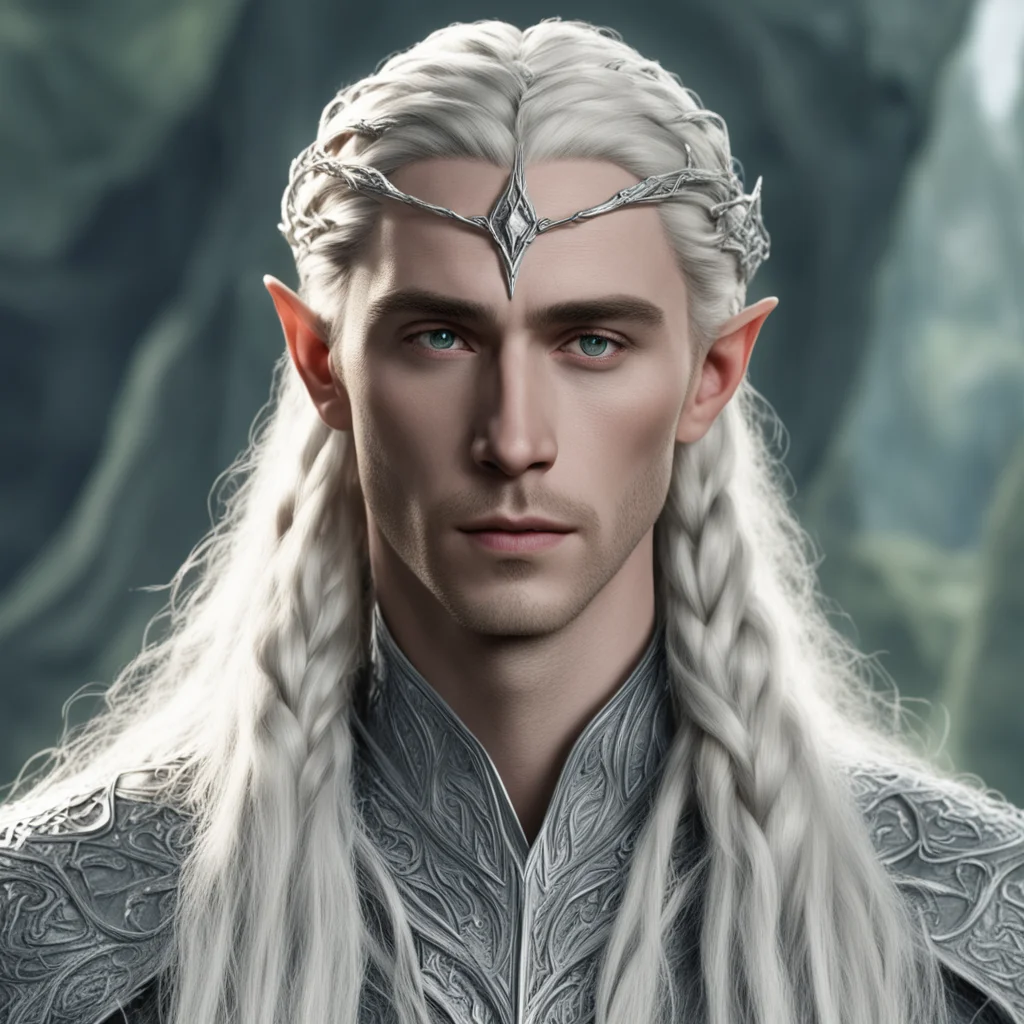 aiking thranduil with blond hair and braids wearing small silver elvish circlet composed of silver serpentine intertwined together with large center diamond  amazing awesome portrait 2