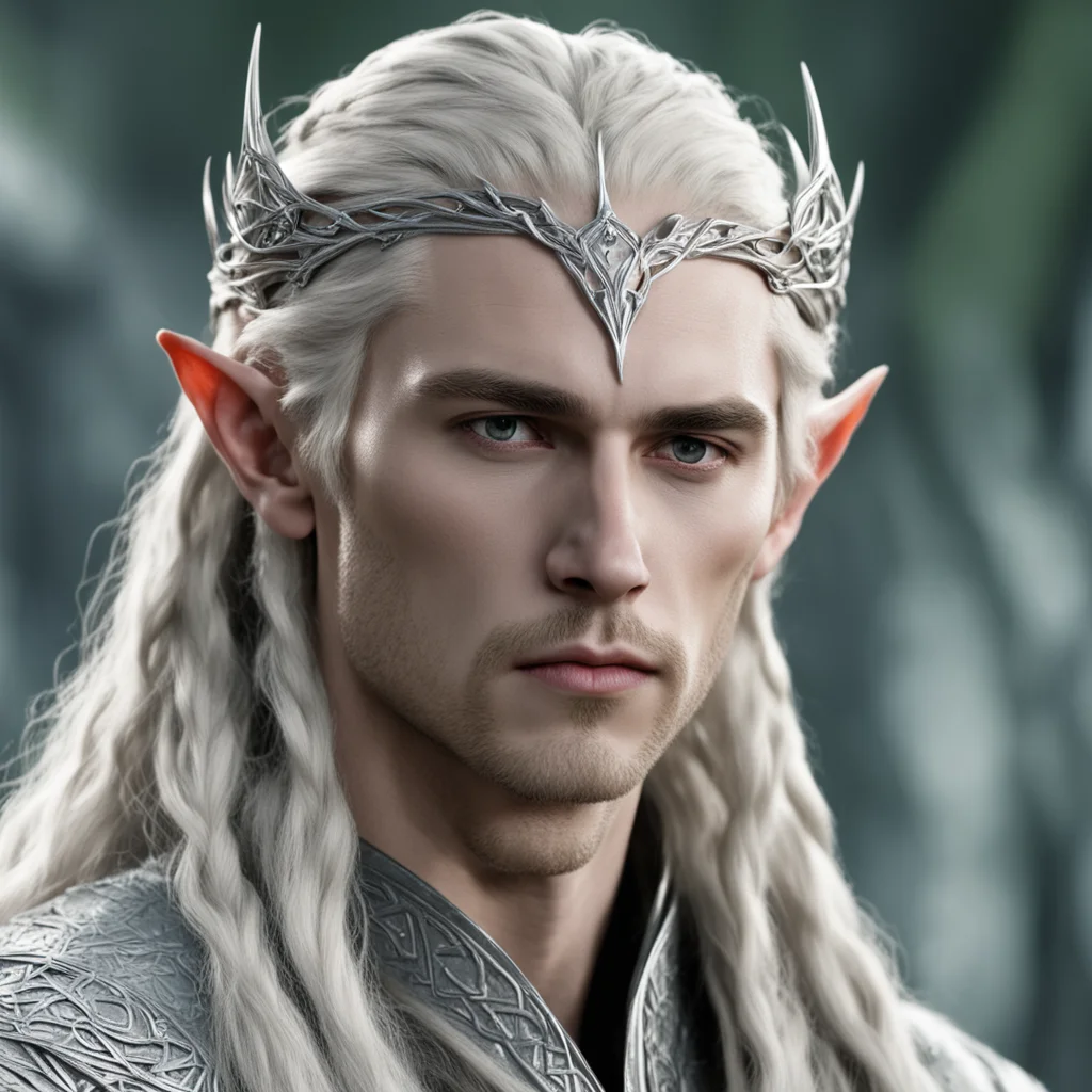 aiking thranduil with blond hair and braids wearing small silver elvish circlet composed of silver serpentine intertwined together with large center diamond  good looking trending fantastic 1