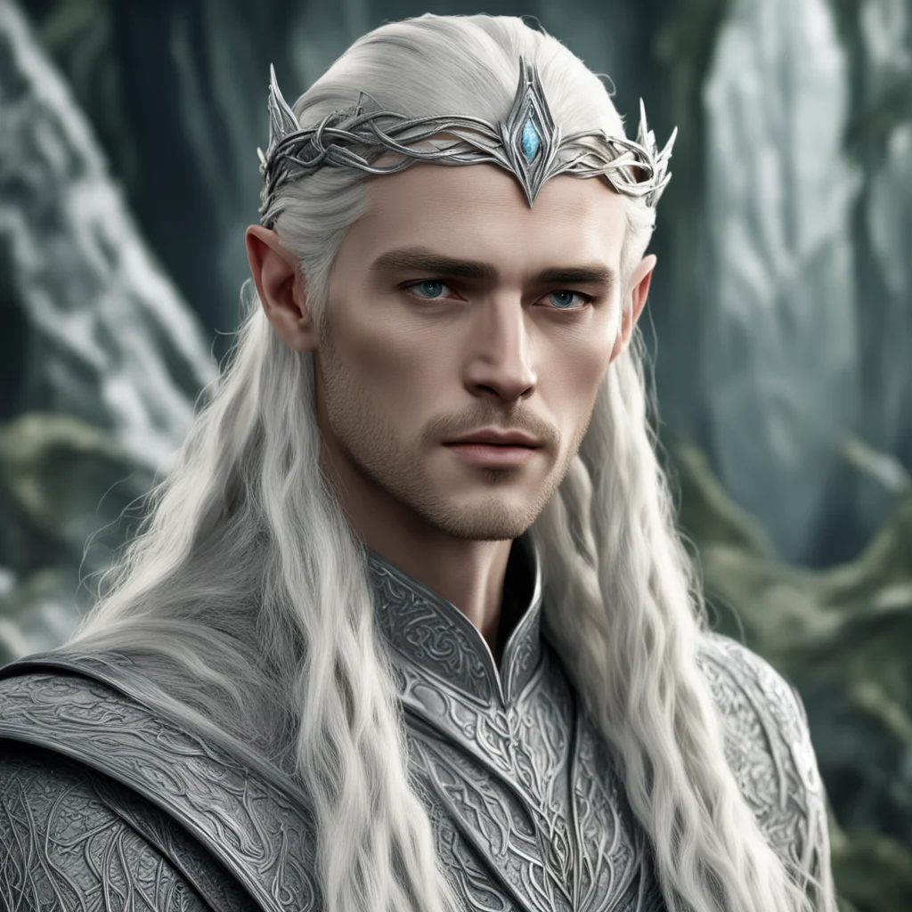 aiking thranduil with blond hair and braids wearing small silver elvish circlet composed of silver serpentine intertwined together with large center diamond 