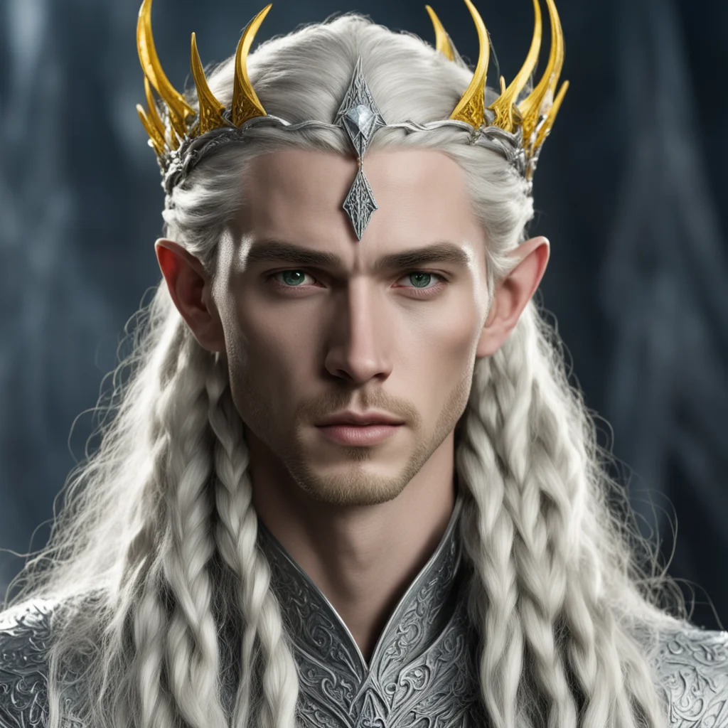 aiking thranduil with blond hair and braids wearing small silver elvish circlet encrusted with diamond with large center yellow diamond amazing awesome portrait 2