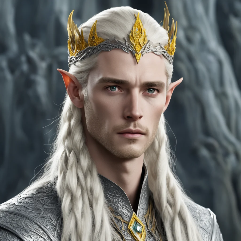 aiking thranduil with blond hair and braids wearing small silver elvish circlet encrusted with diamond with large center yellow diamond confident engaging wow artstation art 3