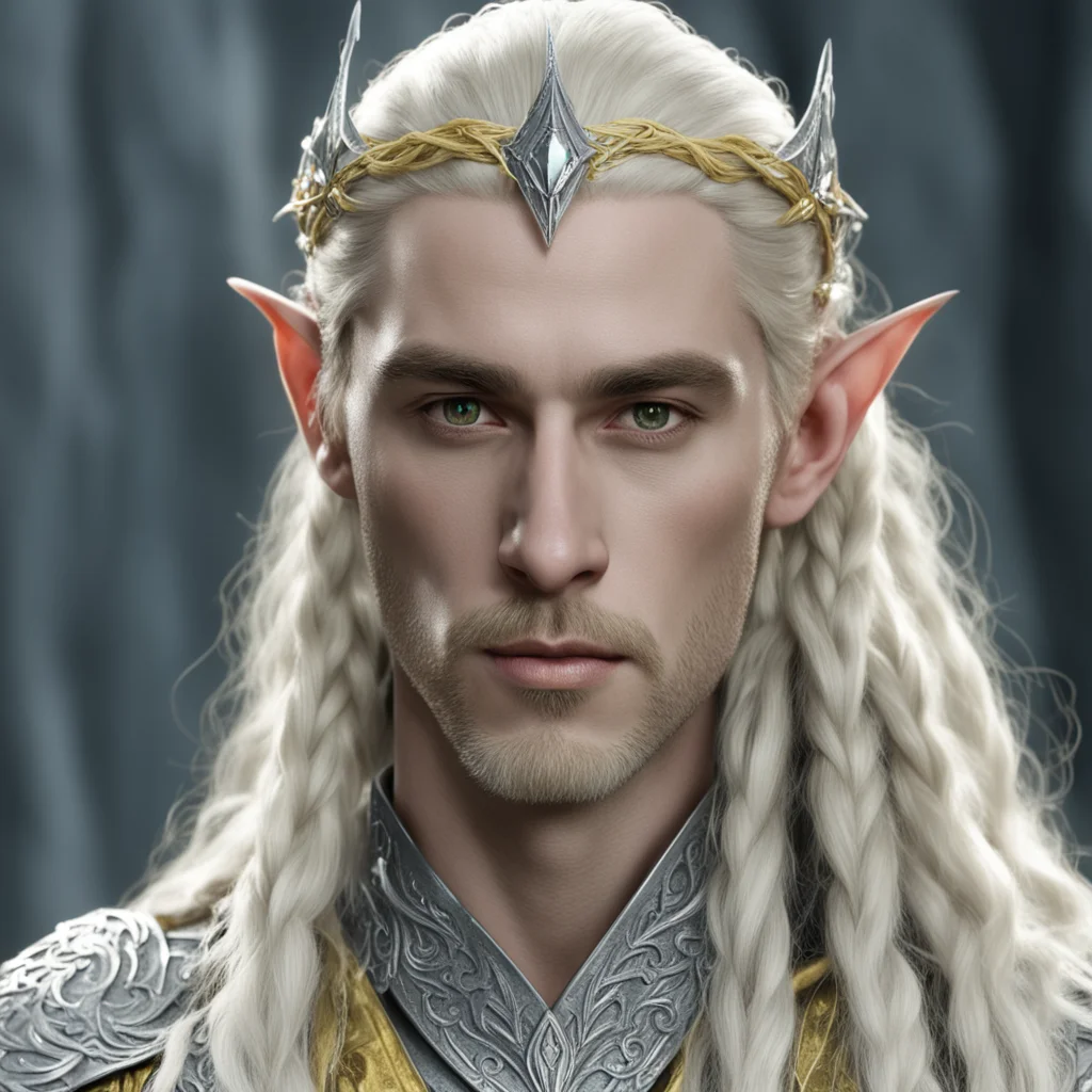 aiking thranduil with blond hair and braids wearing small silver elvish circlet encrusted with diamond with large center yellow diamond good looking trending fantastic 1