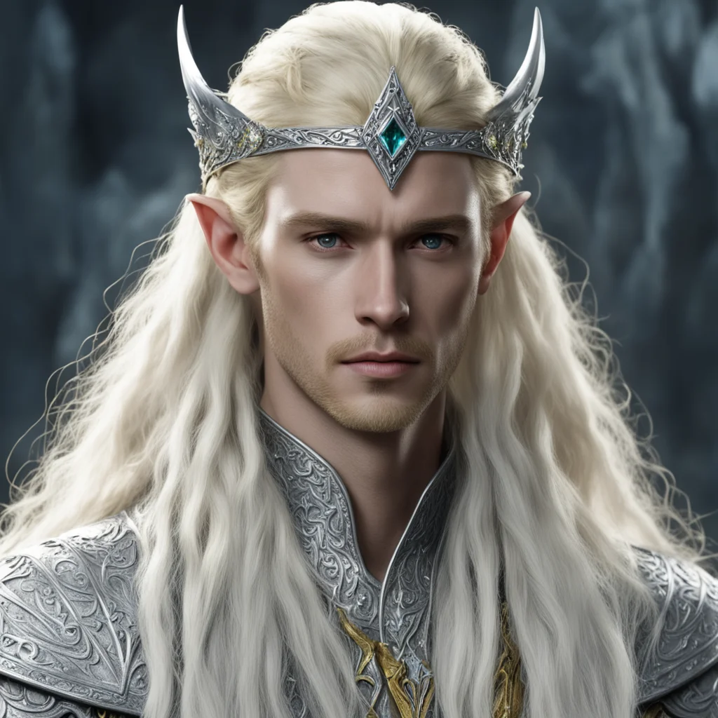 aiking thranduil with blond hair and braids wearing small silver elvish circlet encrusted with diamond with large center yellow diamond