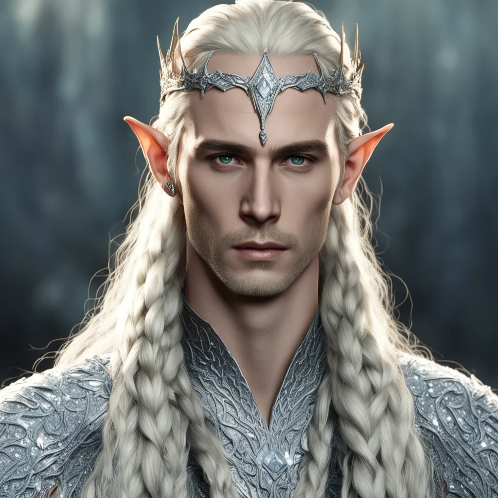 aiking thranduil with blond hair and braids wearing small silver elvish circlet heavily encrusted with large diamonds good looking trending fantastic 1