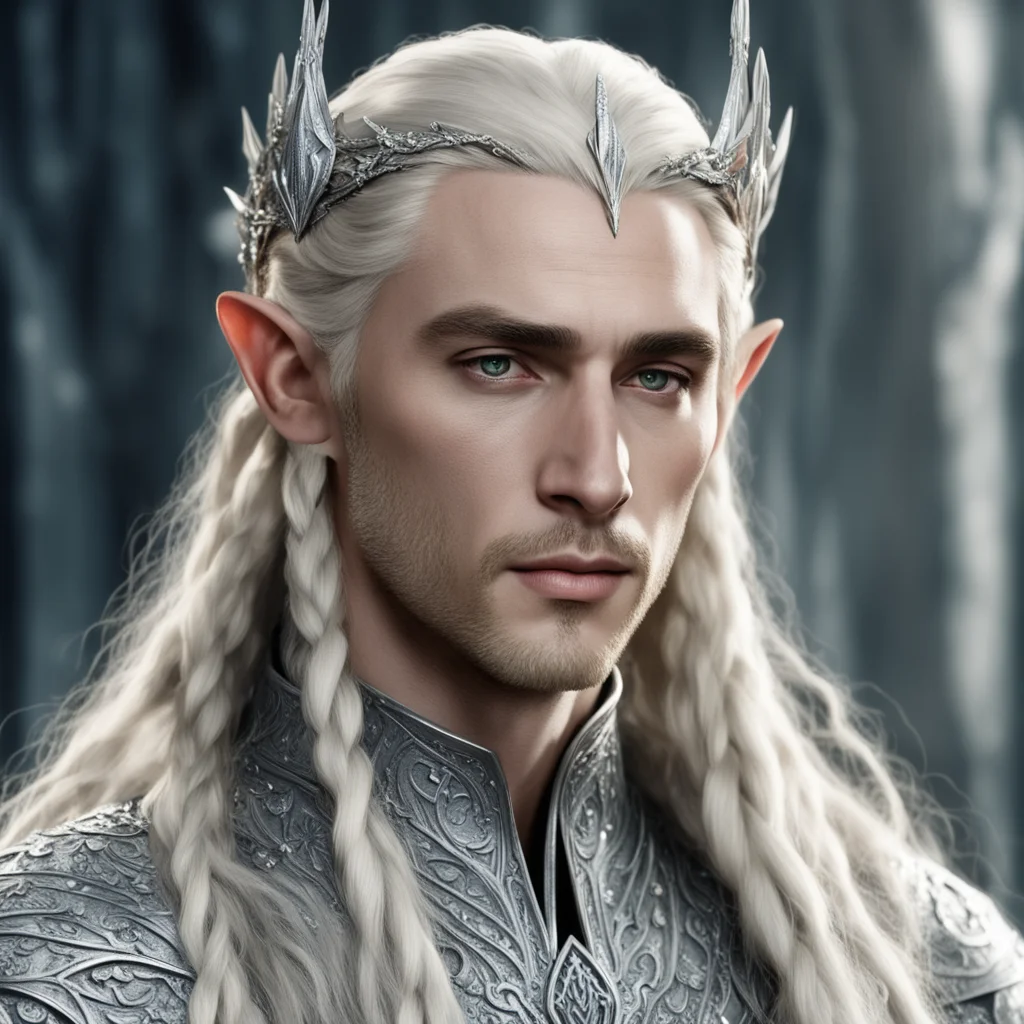 aiking thranduil with blond hair and braids wearing small silver elvish circlet heavily encrusted with large diamonds